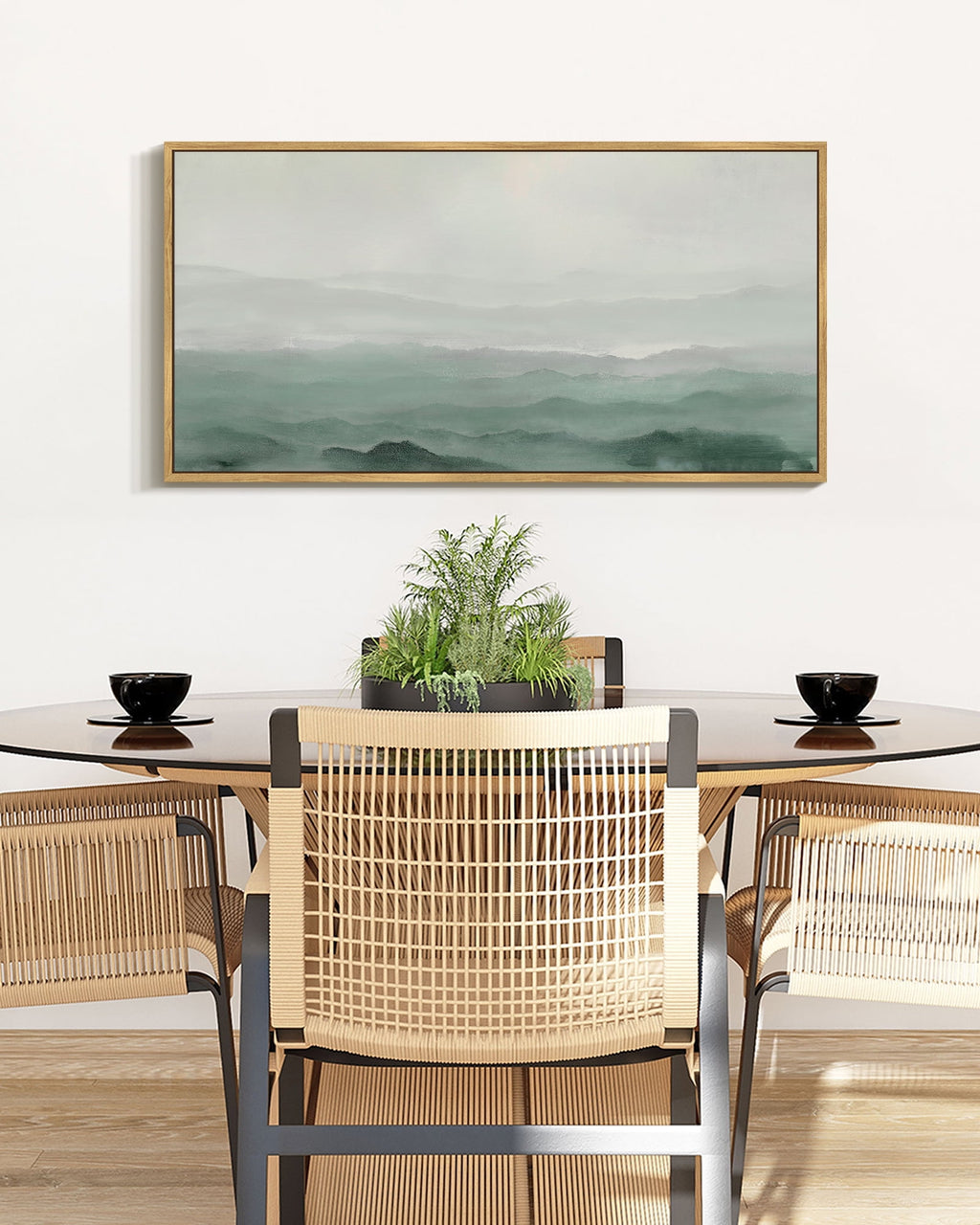 SHENIFY Abstract Landscape Wall Art 20x40in Natural Framed Minimalist Tan Green Mountain Neutral Toned Misty Nature Wilderness Illustrations Modern Art Decorative