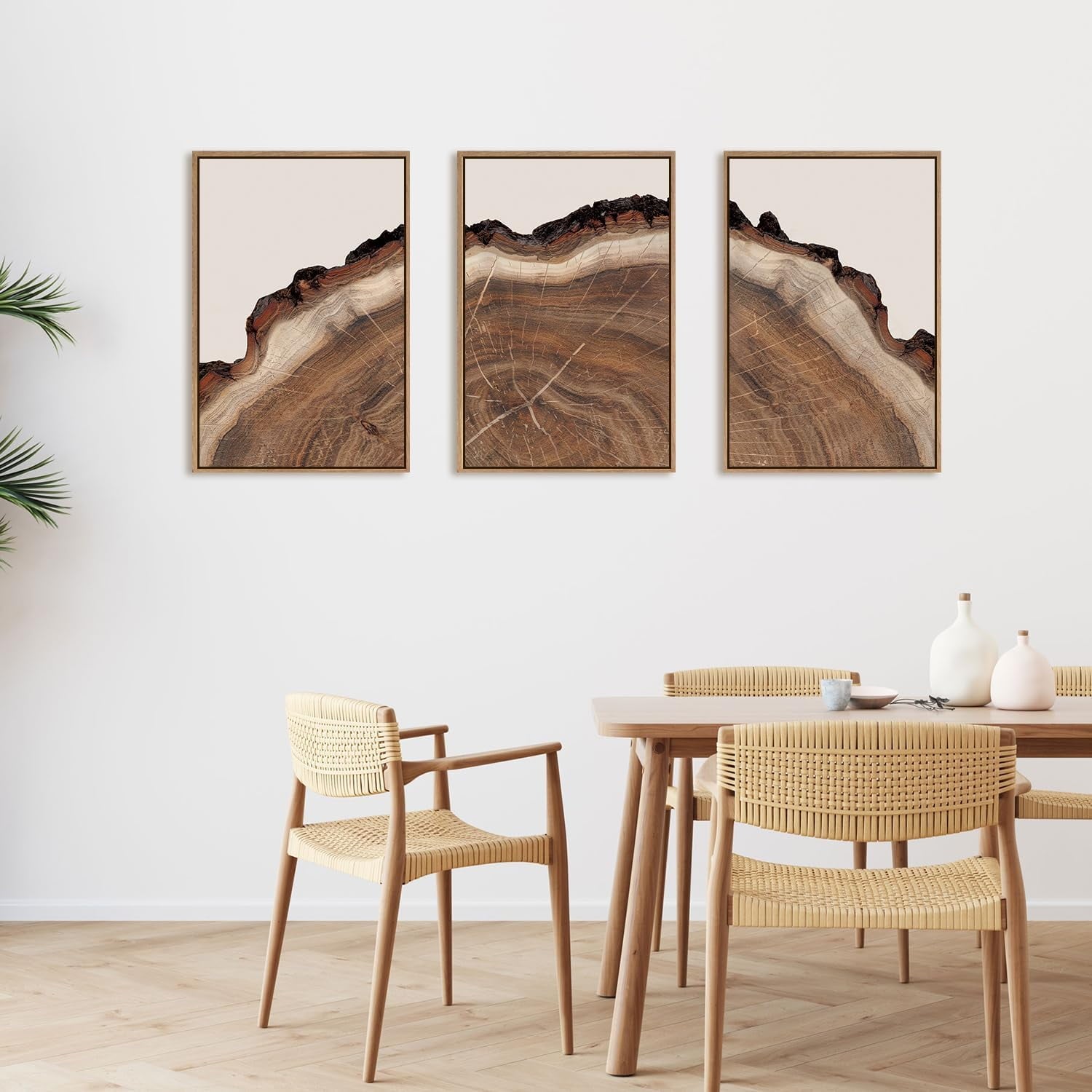 Tree Rings Wood Wall Art Framed Set, Modern Beige Wood Stump Wall Decor, Abstract Tree Spiral Wall Painting,Nature-Inspired Art Print for Living Room, Bedroom, Dining Room, Office-16 x24 x3