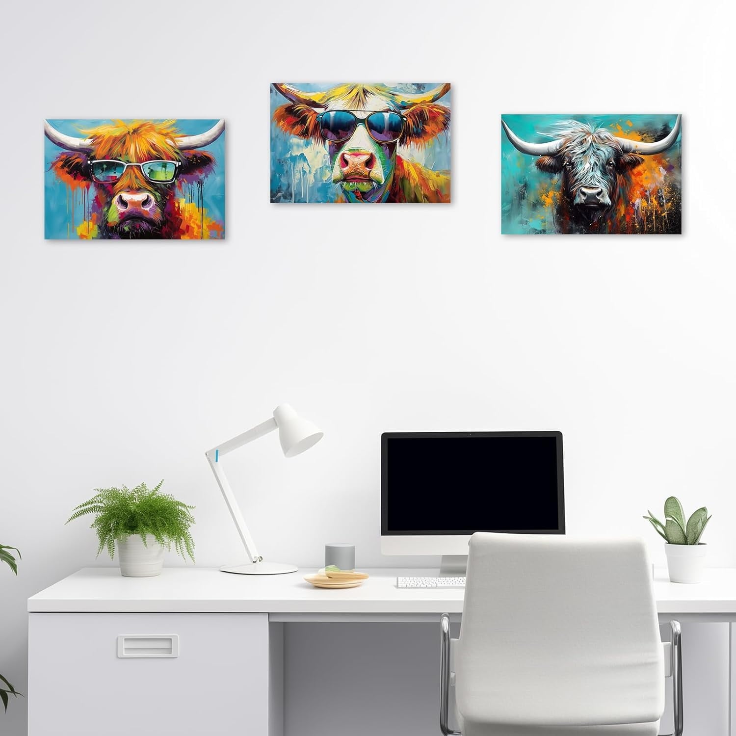 ZHONGYUTONG Highland Cow Canvas Wall Art Highland Cow Wearing Glasses Poster Prints Colorful Animals Pictures for Country Kitchen Bathroom Decor Framed (12.00" x 18.00")